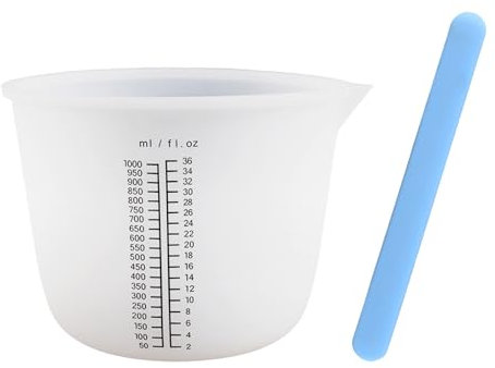 Taza medidora de silicona: 1000 ml, vaso de silicona grande, taza medidora reutilizable con varillas agitadoras, taza de silicona con escala precisa, para resina epoxi, hecha a mano, fabricación de
