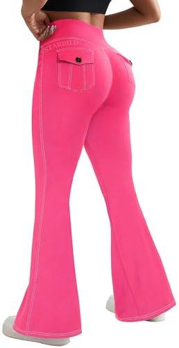 STARBILD Booucut Leggings de Sport avec Poches Cargo pour Femmes, Pantalon Évasé Sport Taille Haute, Bootleg Yoga Pants Fitness Pilates, Cargo Poche - Rose L
