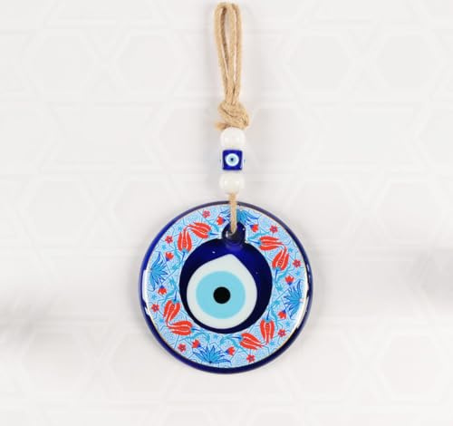 Nazar Boncuk Wandbehang Böser Blick, Glasmedaillon mit Tulpenmuster in Koralle und Blau, Evil Eye Amulett an Jutekordel, handgefertigt, Ø 11 cm, Glücksbringer für Zuhause, Auto und Büro (TM1003)