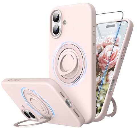 SURPHY Design for iPhone 16 Plus Case, with 360° Rotatable Magnetic Stand & Finger Ring, Liquid Silicone Phone Case for iPhone 16 Plus 6.7 inch 2024, Light Pink