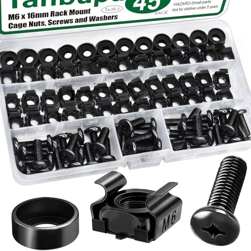 Tanbupu 45PACK M6 x 16mm Rack Mount Cage Nuts, Screws, Washers, Black Server Rack Screws and Square Insert Nuts for Rack Mount Server Cabinet, Shelves, Enclosures, Routers