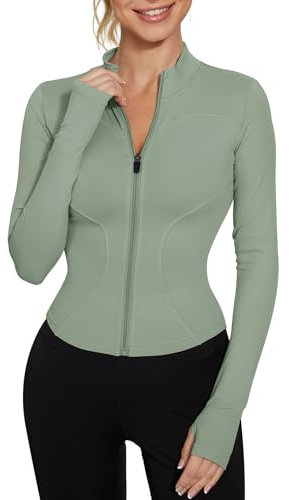 IECCP T-Shirt Damen Gym Top Sport Oberteil Yoga Langarm Crop Top Sportshirt Leicht Fitness Oberteil mit Halbem Reißverschluss und Daumenloch Grün XS