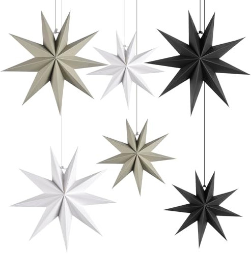 6 Stück Papiersterne für Weihnachts Deko, Weihnachtsdekorationsfaltsterne, 3.30cm und 3.45cm neun Eckpapiersterne, zum Aufhängen von Weihnachtsdekorationsfensterdekorationen(Schwarz, grau, weiß)