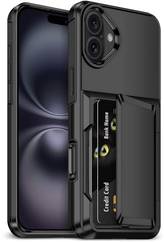 Aolcev for iPhone 16 Plus Case with Card Holder [Max 4 Cards] Heavy Duty Protective Shockproof Cases Dual Layer Hard PC Soft TPU Bumper Card Slot Wallet Case Cover for iPhone 16 Plus Phone Case-Black
