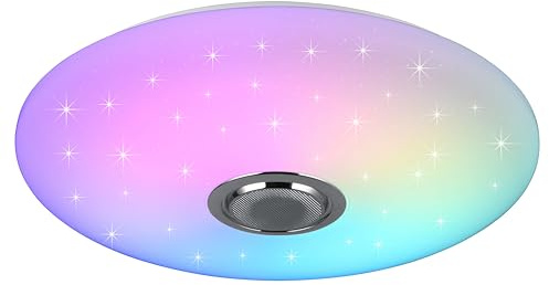 Reality Leuchten Plafón MUSICA R69031901 LED, pantalla de plástico blanco con efecto Starlight, LED de 33 vatios, mando a distancia, cambio de color, altavoz Bluetooth,