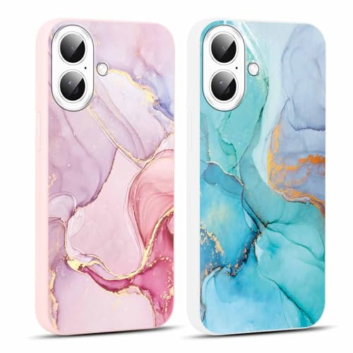 Foonary 2 Stück Handyhülle für Apple iPhone 16 6,1 Hülle Marmor Muster Design Aesthetic Muster Mädchen Case Cover Weich Silikon TPU Stoßfest Schutzhülle für iPhone 16,Marble Rosa