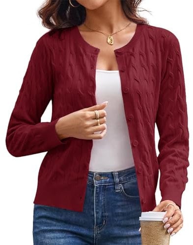 GRACE KARIN Women Lightweight Cardigan Button Down Crew Neck Knitwear Sweater Tops Long Sleeve Cable Knit Shrugs L Red