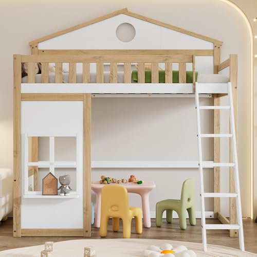Zravenna Hausbett Kinder Hochbett 90x200, Rausfallschutz Kinderbett Etagenbett mit Leiter und Fenster, Frei gestaltetes Unterbett, Kiefer+MDF, Weiß+Natur