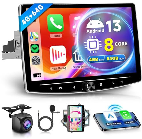 8 Core 4G+64G Wireless Carplay Android 13 Autoradio 1 Din mit Android Auto GPS Navi WiFi 10 Zoll Drehbarer Bildschirm Autoradio mit Mirror Link Bluetooth FM/RDS/DAB/EQ Lenkradsteuerung Rückfahrkamera