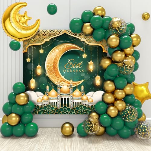 Grün und Gold Eid Mubarak Ballons Set, Eid Mubarak Dekoration - 70 Stück Grün Gold Ballons und 'Eid Mubarak' Hintergrund Banner, Ramadan ballons für Ramadan Dekoration 2025 und Eid Mubarak Feier