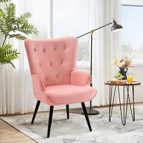 Ckaff Sessel Ohrensessel, Relaxsessel aus Samt Lesesessel mit Hoher Rückenlehne Loungesessel Polstersessel mit Metallbeinen fürs Wohnzimmer Schlafzimmer Arbeitszimmer Gästezimmer, Rosa