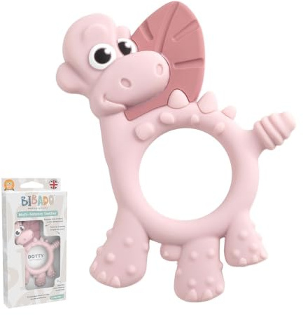 Bibado - Dotty the Dinosaur Teething Toys, Blush - Multi-Sensory Teether - BPA Free Baby Toy - Strengthen Mouth Muscles & Learn Feeding - Dentist Approved - Baby Essentials & Baby Toys - 3 Months+