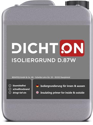 DICHTON Isoliergrund 5x1l Acrylgrundierung innen & aussen - Acryl Isogrund Haftgrund für Farbe, Mörtel, Kleber, Zementputz, Gips - Putzgrund, Betongrundierung lösemittelfrei, tief eindringend D.87W