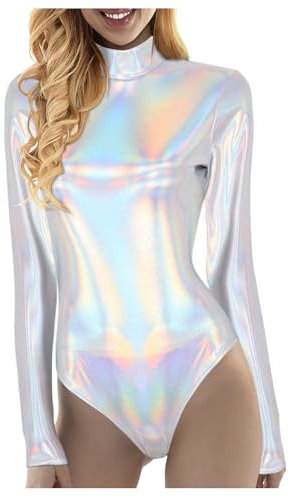 Damen Metallic Langarm Leotard Karneval Kostüm Glänzende Ballettanzug Ballettbody Glitzer Body Damen Gymnastikanzug Trikot Langarm Bodysuit Metallic Einteiler Turnanzug Overall Lack Oberteile (XXL)