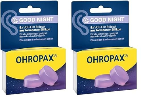 OHROPAX Good Night Ohrstöpsel – VOR-Ohr-Stöpsel aus formbarem Silikon – für alle Ohren und alle Schlafpositionen geeignet – Schalldämmwert SNR 23 dB – für einen ruhigen und erholsamen Schlaf – 8 Stück