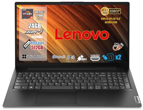 Lenovo Pc Portatile, Notebook Amd Ryzen7 5700U (8 Core fino a 4,3 Ghz), RAM 24Gb DDR4, SSD 512Gb, Display 15.6 FHD, Wi-Fi 5, Bt 5, Computer Portatile, Laptop Usb Type-C, Gigabit Lan, Hdmi, Win11