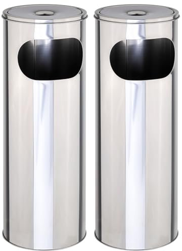 Novaliv 2x Standaschenbecher für draußen Edelstahl Silber 58 cm hoch 21cm Ø 2in1 für Müll- und Zigarettenabfälle outdoor Aschenbecher für draussen stehend Metallsieb Mülleimer mit Aschenbecher Ständer