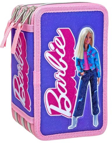Clondo Astuccio 3D 3 Scomparti Bambina, Per Barbie Fan, Triplo Riempito, 44 Accessori Scuola Elementare, 3 Zip, 20cm, Riga, Pastelli, Pennarelli