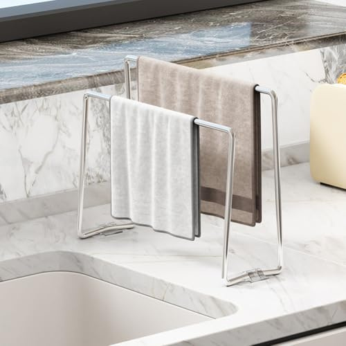 Home Kitchen Countertop Dishcloth Drying Rack, SUS304 Stainless Steel 2 Arms Dishcloth Holder, Hand Towel Stand Rack,Dishcloth Storage Rack