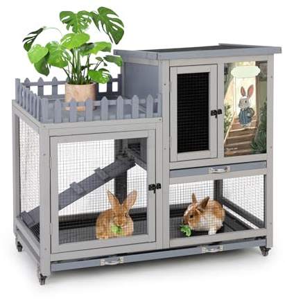 LeFluffy Double Layers Durable 97.15CM Rabbit Hutch Indoor on Wheels, Small Animal Houses Habitat, Rolling Large Bunny Cage Outdoor with Removable Tray, Ramp, Two Story Bunny Cage(Grey)