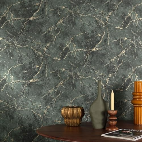 SOPHIE LAURENCE Green Gold Marble Wallpaper for Living Room Metallic Textured Effect Feature Wall Lounge Bedroom