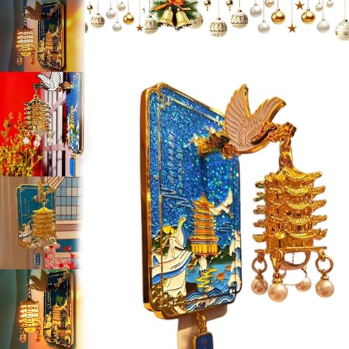 Yellow Crane Tower Luminous Lantern Refrigerator Magnet,LED Light Fridge Ornament 3D Landmark Souvenir Travel Collectors (Blue)