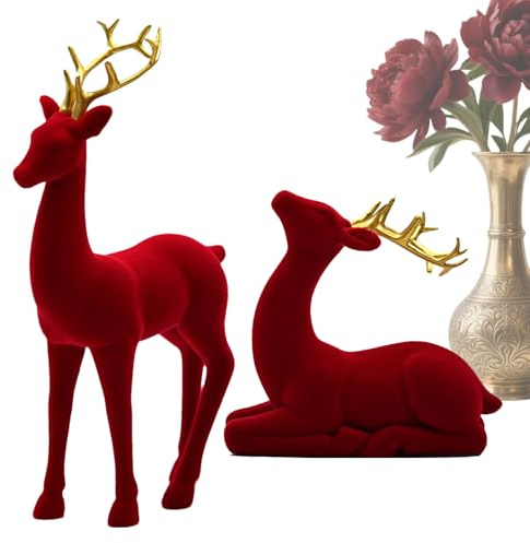 Penlimly Rentier Weihnachtsdeko - Beflockte Rentier-Figuren - 2 Stücke Stehend Sitzend Skulptur Rot Grün Ästhetisch Elch für Party Nachttisch Kamin Deko