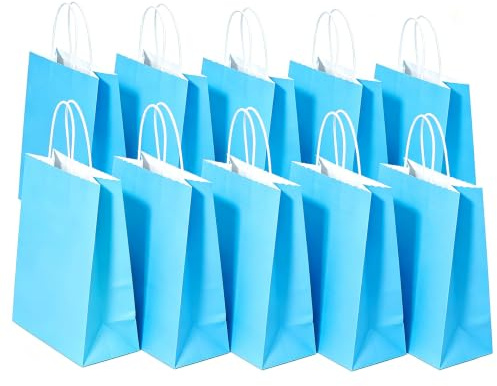 SHUBEIEUMI 10 Sacs Cadeaux en Kraft Avec Poignées,Bleu Clair | 21x15x8 cm Petite Taille Sacs en Papier pour Anniversaires, Mariages