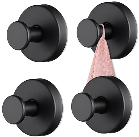 4 Pack Vacuum Suction Cup Hook Stainless Steel Suction Towel Hook Heavy Duty Removable Bathroom Suction Hooks Reusable Waterproof Towel Holder for Kitchen Wall Shower No Drill Black