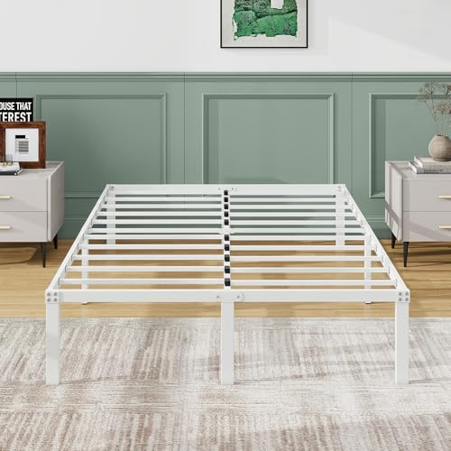 DUMEE 4ft6 Double Bed Frames, 36cm High Metal Platform Bed Frames Double with Storage Under Bed/Steel Slats Mattress Base, No Box Spring Needed, Enhanced Support Noise Free, White