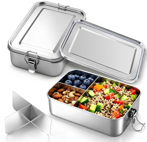 Homikit Brotdose mit Fächern, 2 Stück 1400ml Edelstahl Lunchbox Bento Box | für Kinder & Erwachsene, Auslaufsicher Metall Brotdosen Snackbox mit Dichtring für Schule, Büro, Picknick, Spülmaschinenfest