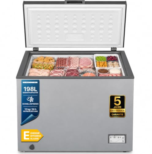 HEINNER HCF-205NHSE++ Gefriertruhe – 205 L Fassungsvermögen, Energieeffizient (Klasse E), Schnellgefrierfunktion, Leiser Betrieb, Einstellbarer Thermostat, Weiß, 5 Jahre Garantie