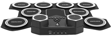 Dilwe Elektronisches Schlagzeug-Set, Silikon-Übungspad mit Bluetooth und | MIDI-USB-Anschluss für Musiksoftware, wiederaufladbarer 1200-mAh-Akku, aufrollbares Design für Reisen, Kopfhörerausgang für