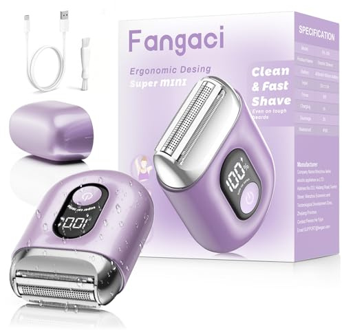 Fangaci Cordless Electric Razors for Women: Mini Electric Shaver with Big LED Display - Rechargeable Bikini Trimmer - IPX7 Waterproof Wet Dry for Face, Body & Legs (Birght Purle)