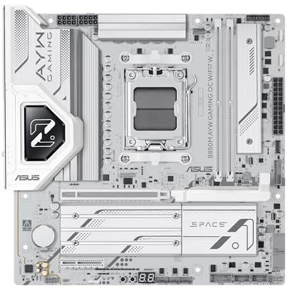 ASUS B850M AYW GAMING OC WIFI7 W, Scheda Madre AMD Micro-ATX, Slot DDR5 | 12+2+1 Fasi Alimentazione, PCIe 5.0, 3 Slot M.2, WiFi 7, Realtek 2.5Gb, USB-C da 20 Gbps, BIOS FlashBack, Aura Sync, Bianca