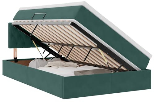 zylophax Dark Green Velvet Storage Bed with Mattress 120 x 190 cm, Upholstered Bed with Hydraulic Lifting System, Modern Bed Frame, Slatted Frame and Headboard
