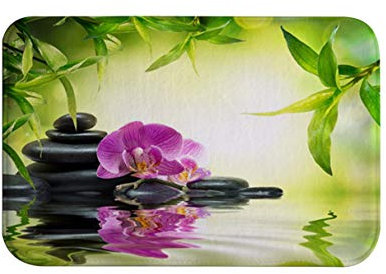 izielad Wasser Stein Grün Blatt Blau Blume Zen rutschfeste Badezimmer Teppich Matte Dusche Bad Teppich saugfähigen Badematte für Bad Maschine waschbar 40x60cm 15.7x23.6 INCH