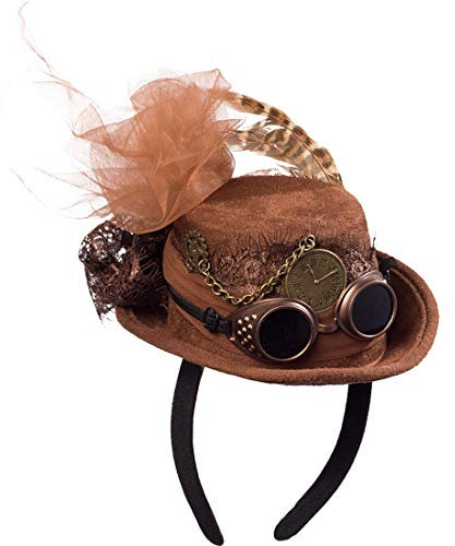 Amakando Mini Chapeau Haut-de-Forme Cyber Gothique avec Serre-tête/Marron/Bijoux de Cheveux raffiné Steampunk pour Femme/Un Attrape-Regard au Carnaval& à la fête déguisée
