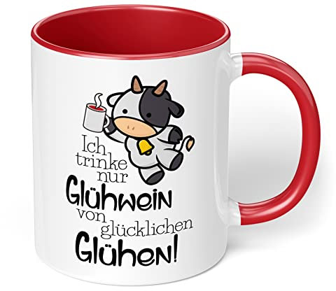 Lustige Weihnachtstasse „Ich trinke nur Glühwein von glücklichen Glühen“ - 330ml Keramik Kaffeebecher mit Spruch - Geschenk zu Weihnachten (Rot)