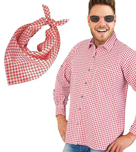 KarnevalsTeufel Herrenkostüm-Set Andreas 3-teilig Hemd mit Sonnenbrille und Dreiecktuch rot-weiß kariert Schlager Volksmusik (X-Large)