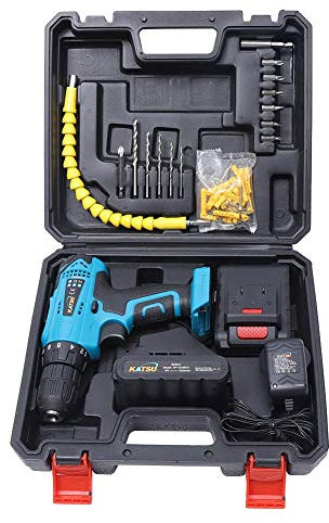 KATSU Cordless Drill Driver 18V with Accessories + Flexible Shaft + Double Ended Bit + 5 Drill Bits + 6 Screwdriver Bits with 1 Extension + 2 x 1.5Ah Li-ion Batteries + Charger + Plastic Case