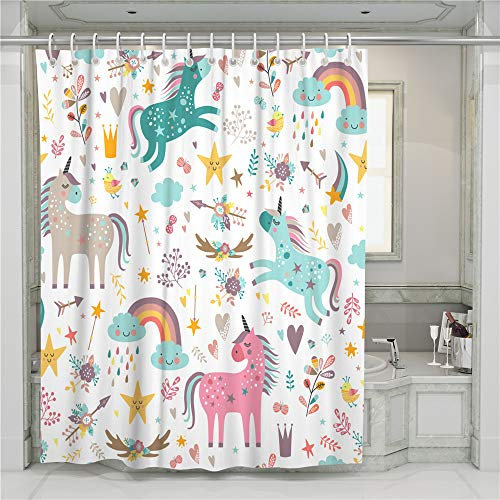Treer Anti Moisissure Imperméable Rideaux de Douche et 12 Crochets, Rideaux pour Maison Salle de Bain Douche - Impression 3D de Licorne Colorée (Licorne de Dessin animé,150x180cm)