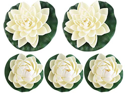 Lot de 5 fleurs de lotus en mousse flottante - Pétales de nénuphar réalistes - Pour jardin, piscine, décoration de bassin - Ornement (blanc)