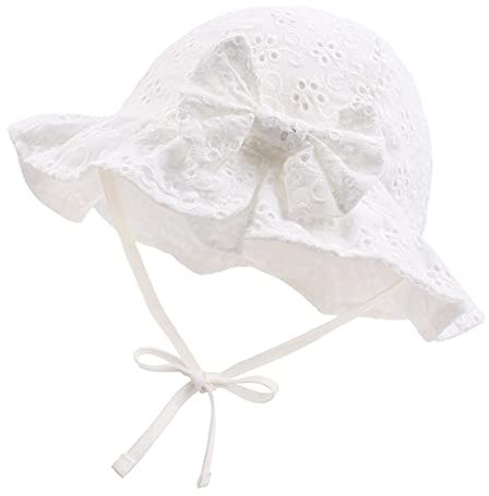 XIAOHAWANG Sommerhut Baby Mädchen UV Schutz Sonnenhut Mütze Baby Sommer Mützen Baumwolle Mit Schleife und Bindebändern(Weiß, 46cm(3-6 Monate))