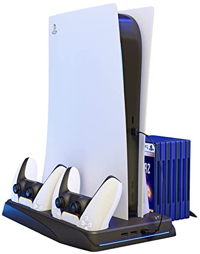 Q-View PlayStation 5 Vertical Stand, 4 in 1 Docking Station, Controller Charger, Cooling Fan and Games Storage Tray for PS5 Console, Disk and Digital Version PlayStation 5 Compatible (Black/Black)