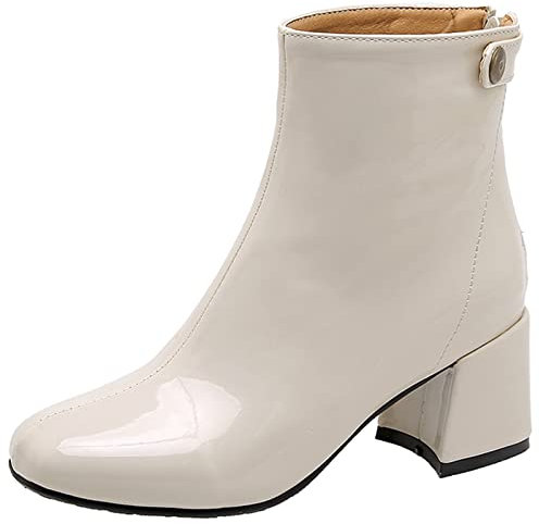 Bviennic Damen Buro Blockabsatz Herren Lack Stiefeletten Stylish Runde Zehen Komfort Abend Kleid Winter Warm Chelsea Stiefeletten Beige Gr 33 Eu