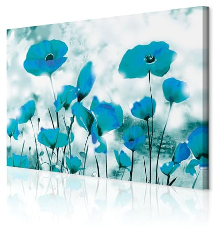 decomonkey Akustikbild Mohnblumen Abstrakt 120x80 cm 1 Teilig Leinwand blau | Modern, Bilder, Wandbilder XXL, Schallschlucker, Schallschutz, Akustikdämmung, Wandbild, Deko, Leise, Blumen, türkis