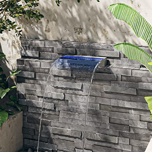 Tidyard Wasserfall mit LED-Lichter und Fernbedienung, Wasserauslauf, Wasserfall Brunnen für Outdoor Garten Teich Dekoration, Edelstahl 45 cm