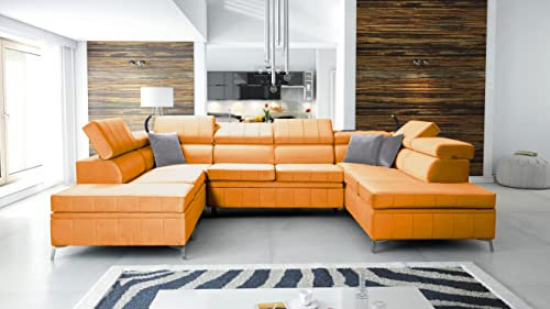 All4All Ecksofa mit Schlaffunktion Bari VIII 336 x 227 cm - Eckcouch mit Bettkasten - Wohnlandschaft in U-Form - XXL Sofa Groß - Schlafsofa - Orangegelb - Seite Rechts - Modern - Velvetstoff 26