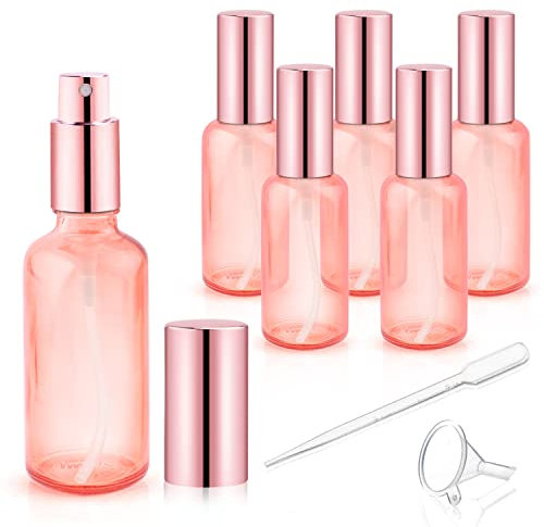 DMuuuDM 6 Pack 2 Oz Pink Glass Spray Bottles,Empty Perfume Fine Mist Atomizer,Rose-Golden Pump Head Travel Liquid Holder Containers for Cologne,Essential Oils,Body Sprays